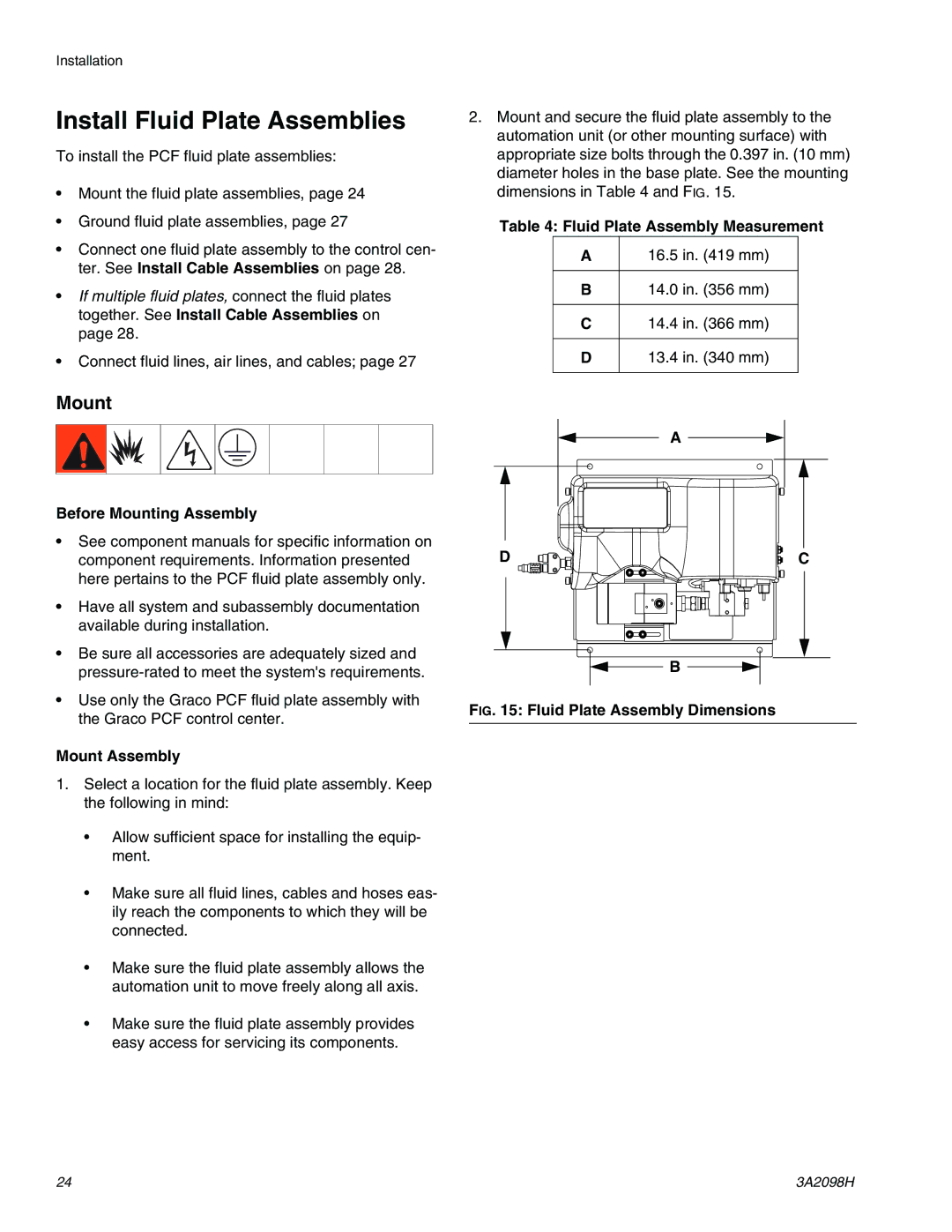 Graco 3A2098H Install Fluid Plate Assemblies, Fluid Plate Assembly Measurement, Before Mounting Assembly, Mount Assembly 