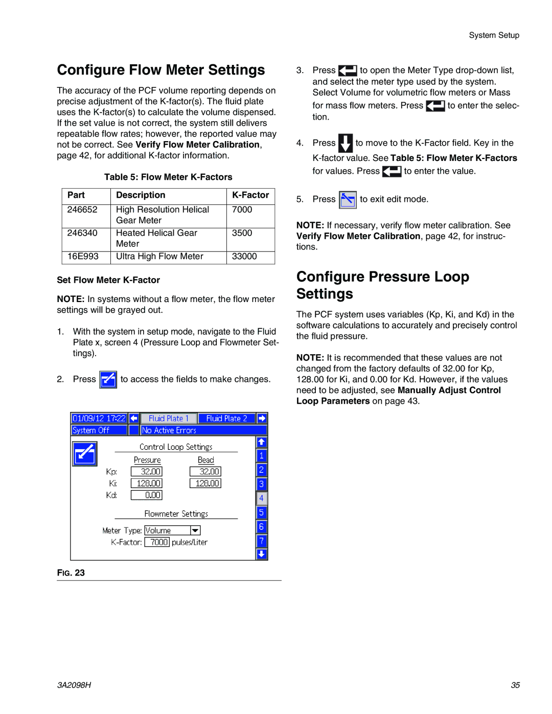 Graco 3A2098H Configure Flow Meter Settings, Configure Pressure Loop Settings, Flow Meter K-Factors Part Description 