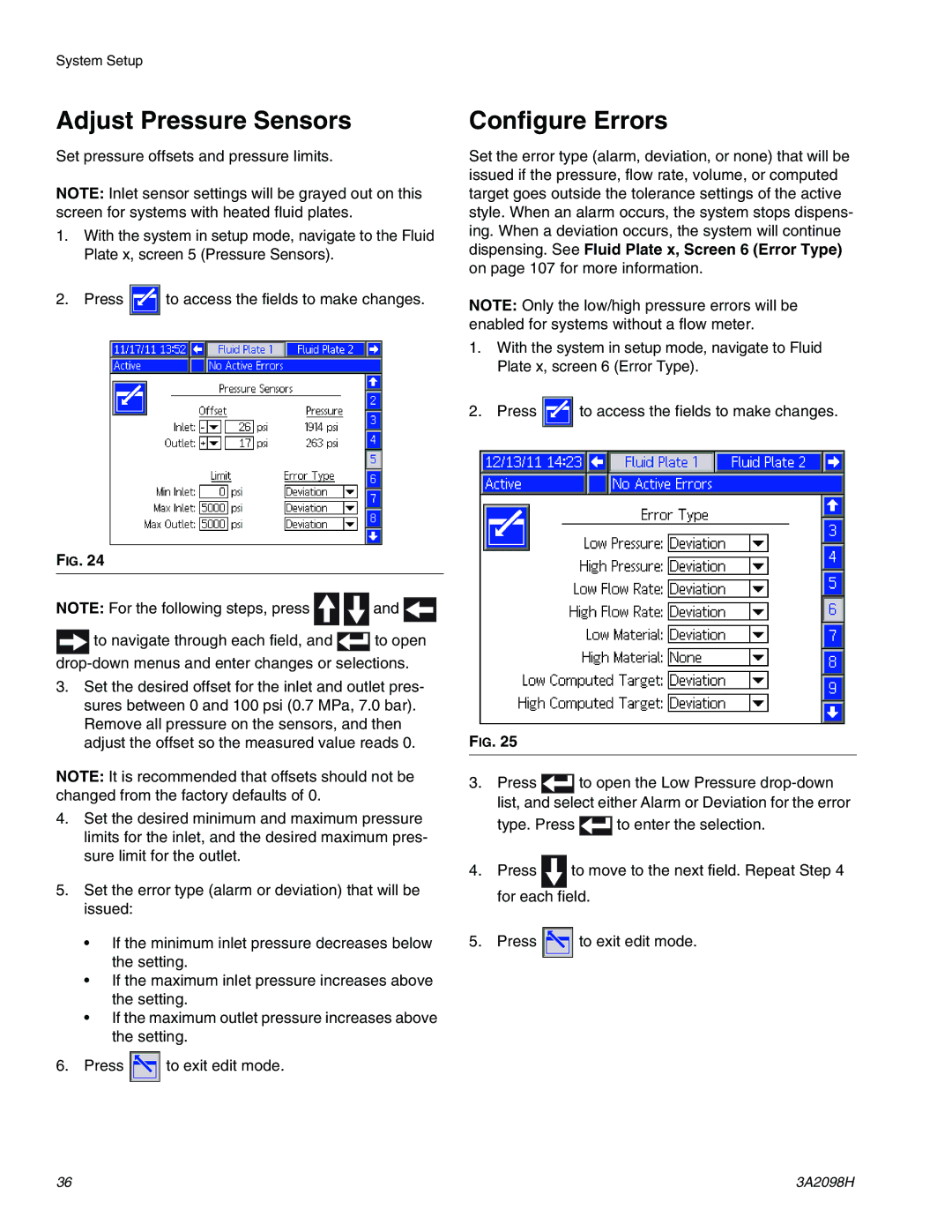 Graco 3A2098H important safety instructions Adjust Pressure Sensors, Configure Errors 