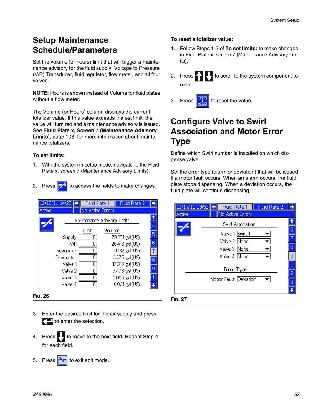 Graco 3A2098H Setup Maintenance Schedule/Parameters, Configure Valve to Swirl Association and Motor Error Type 