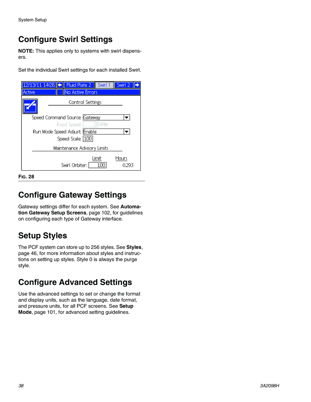 Graco 3A2098H Configure Swirl Settings, Configure Gateway Settings, Setup Styles, Configure Advanced Settings 