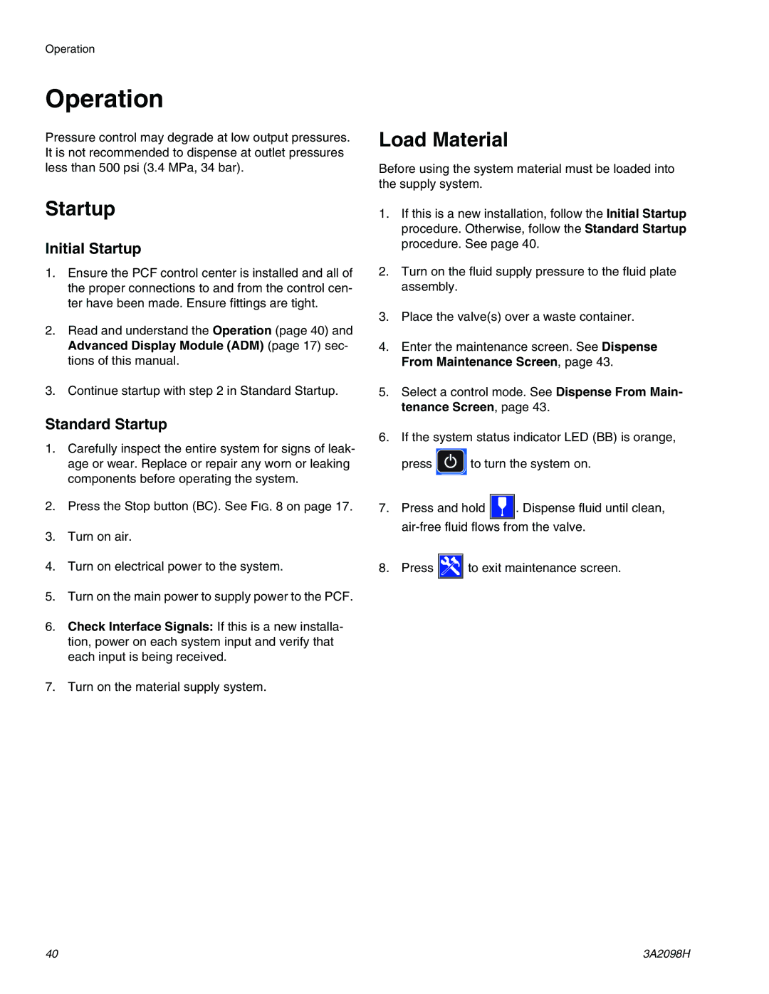 Graco 3A2098H important safety instructions Operation, Load Material, Initial Startup, Standard Startup 