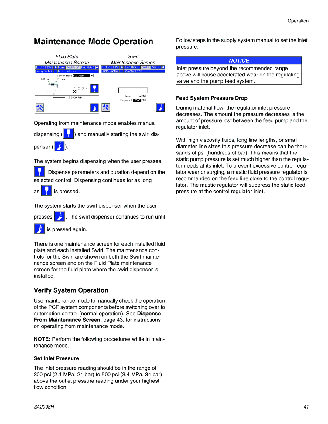 Graco 3A2098H Maintenance Mode Operation, Verify System Operation, Set Inlet Pressure, Feed System Pressure Drop 