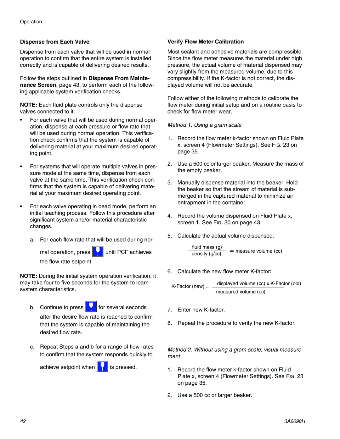 Graco 3A2098H important safety instructions Dispense from Each Valve, Verify Flow Meter Calibration 