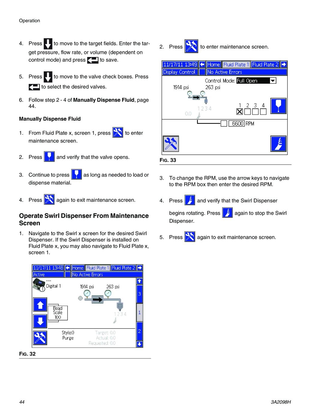 Graco 3A2098H important safety instructions Operate Swirl Dispenser From Maintenance Screen, Manually Dispense Fluid 