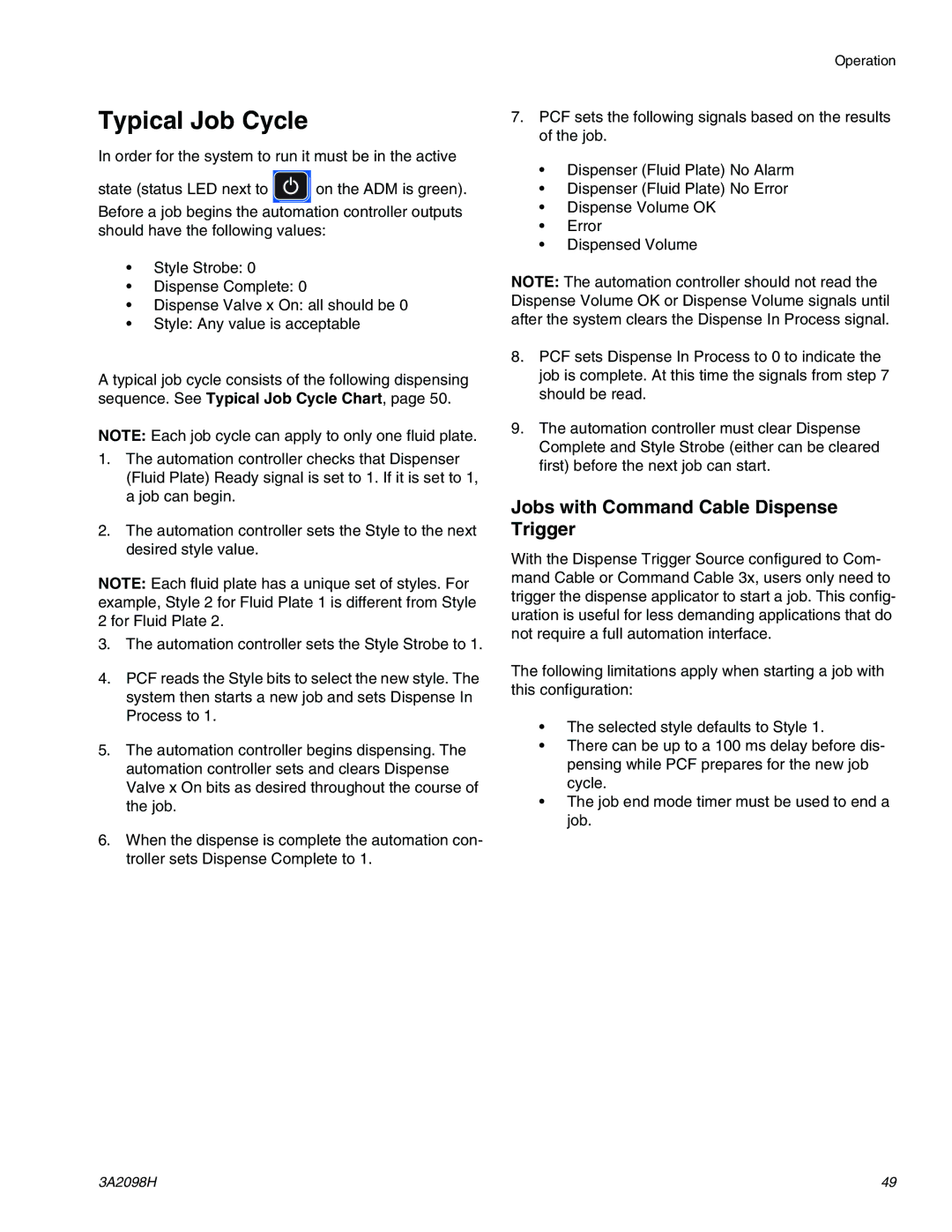 Graco 3A2098H important safety instructions Typical Job Cycle, Jobs with Command Cable Dispense Trigger 