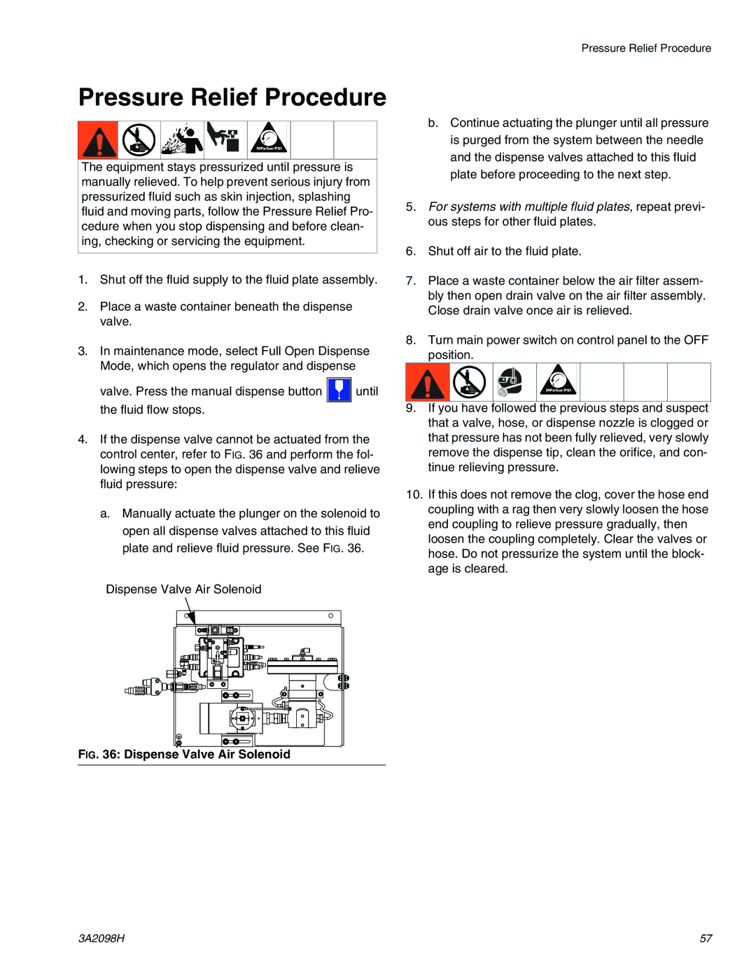 Graco 3A2098H important safety instructions Pressure Relief Procedure, Dispense Valve Air Solenoid 