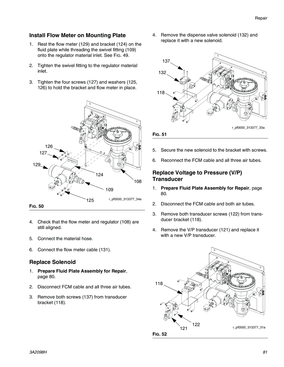 Graco 3A2098H Install Flow Meter on Mounting Plate, Replace Solenoid, Replace Voltage to Pressure V/P Transducer 