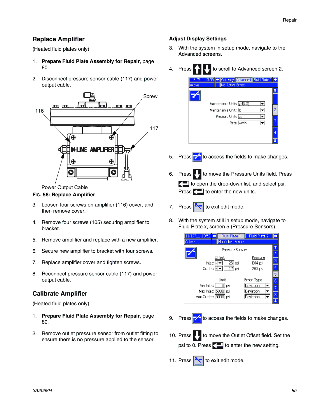 Graco 3A2098H important safety instructions Replace Amplifier, Calibrate Amplifier, Adjust Display Settings 