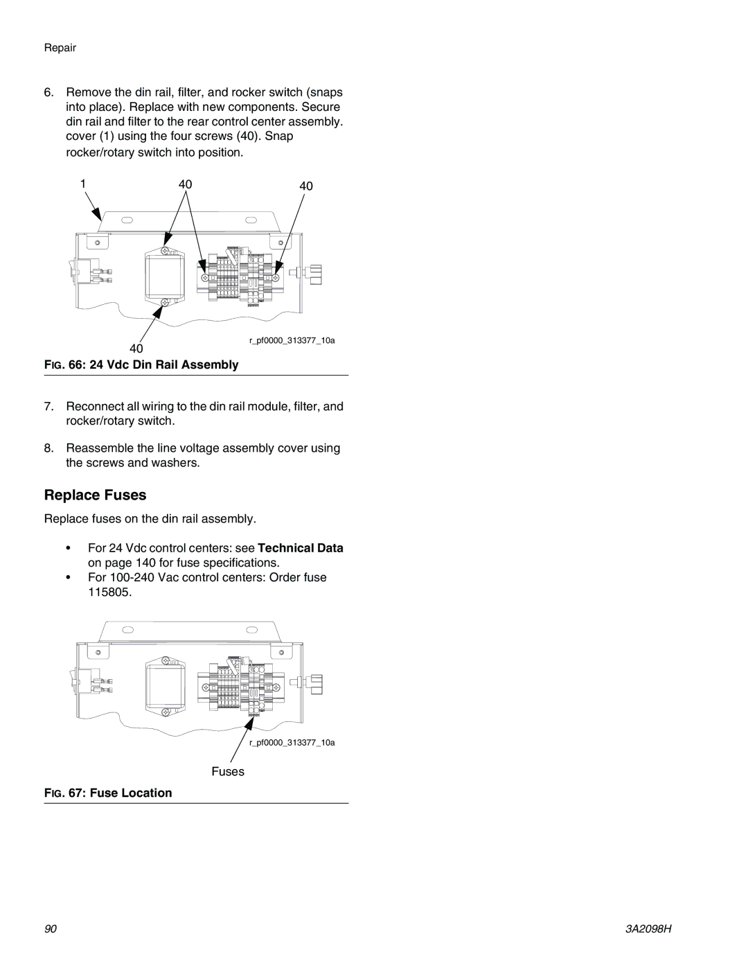 Graco 3A2098H important safety instructions Replace Fuses, Vdc Din Rail Assembly 