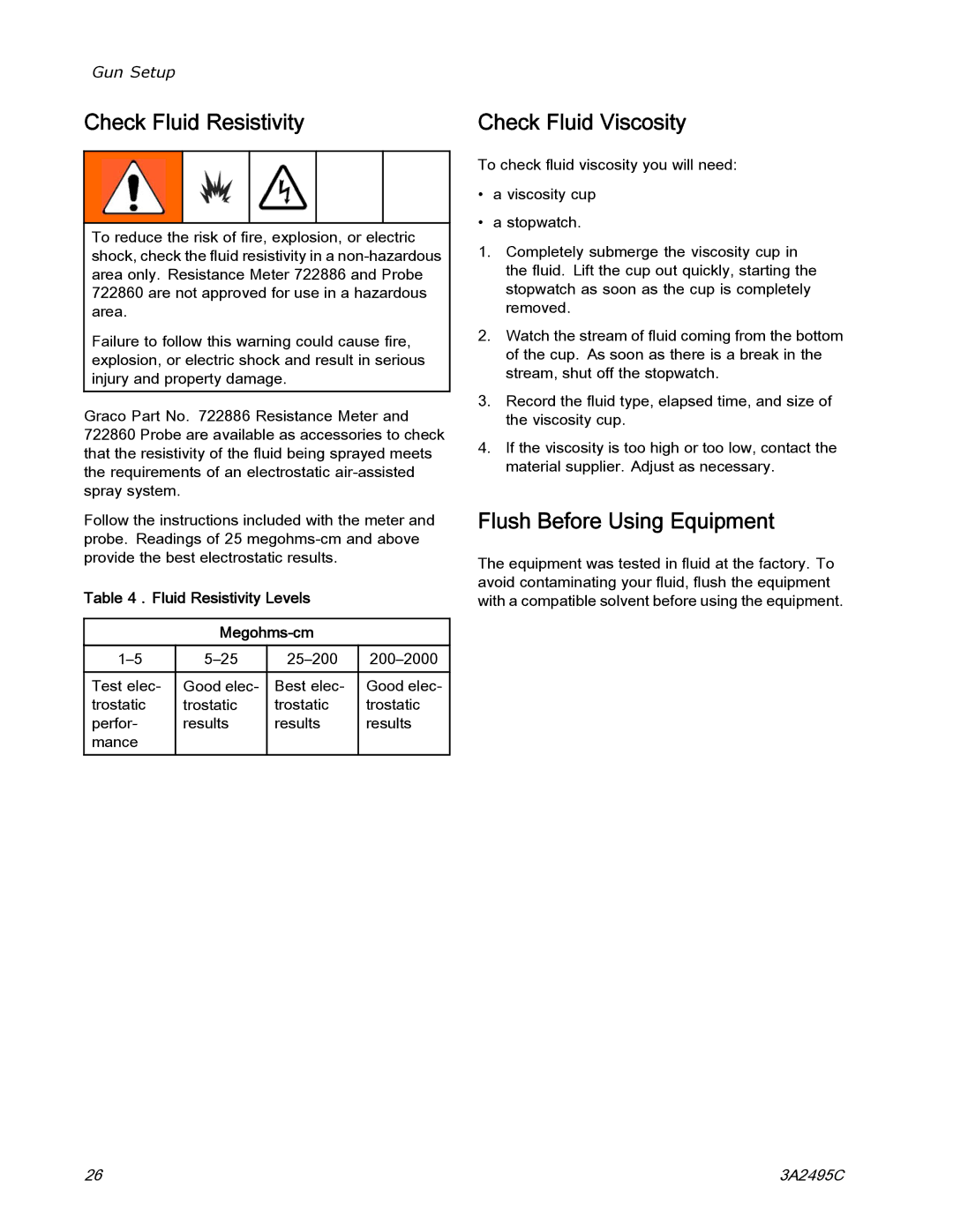 Graco 3A2495C important safety instructions Check Fluid Resistivity, Check Fluid Viscosity, Flush Before Using Equipment 