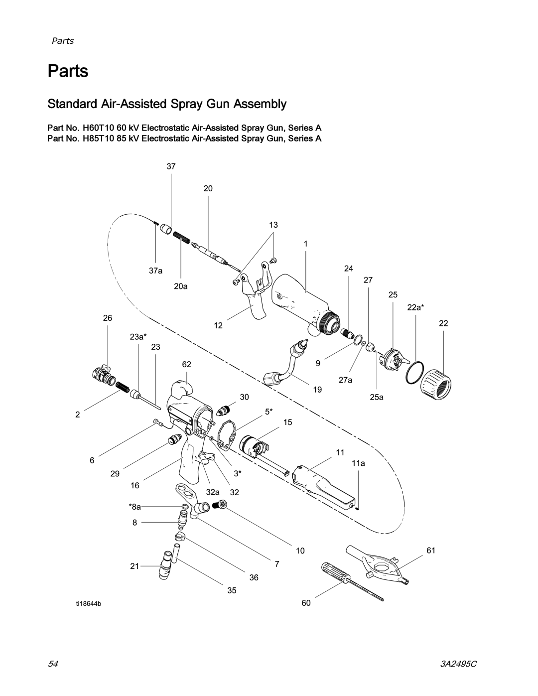 Graco 3A2495C important safety instructions Parts, Standard Air-Assisted Spray Gun Assembly 