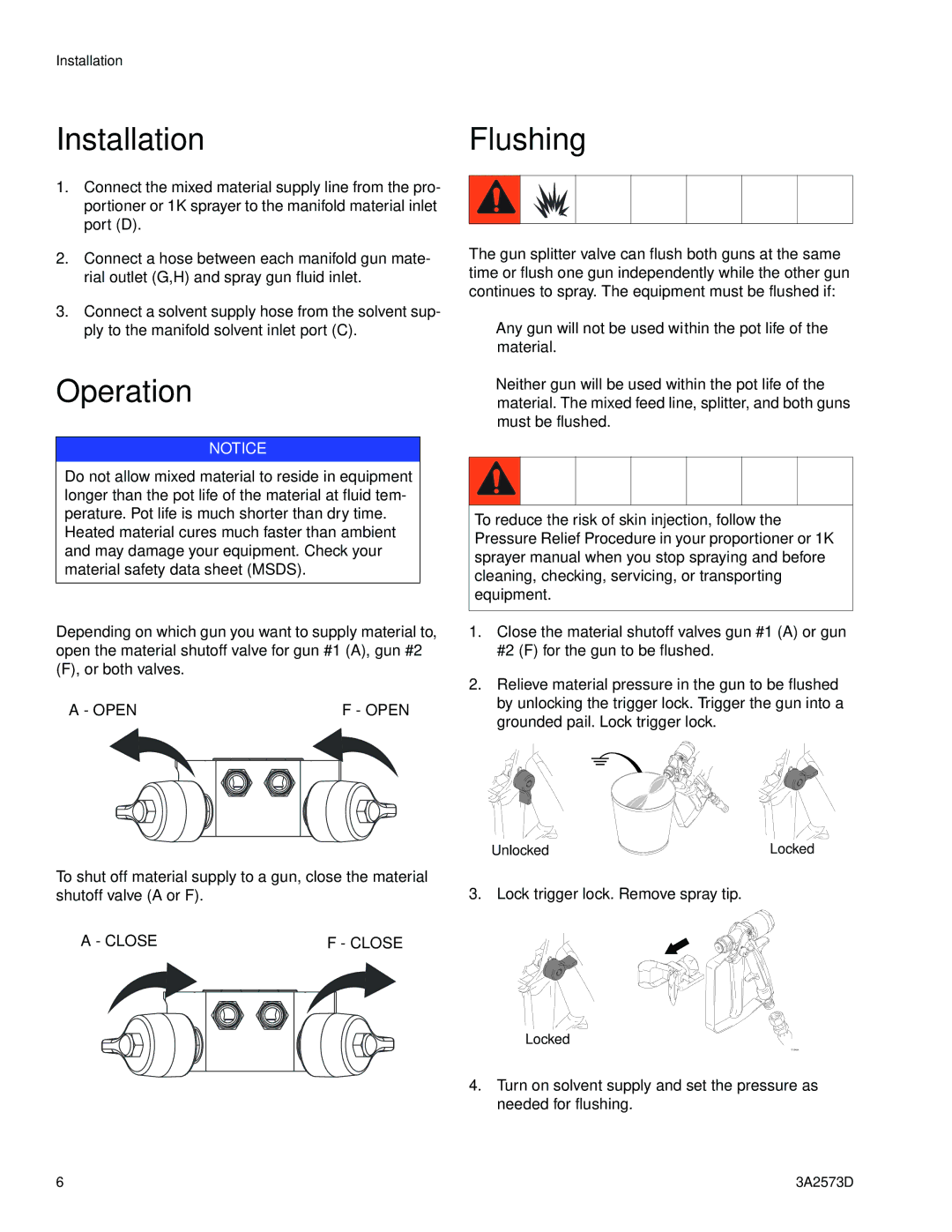 Graco 3A2573D important safety instructions InstallationFlushing, Operation, Closef Close 