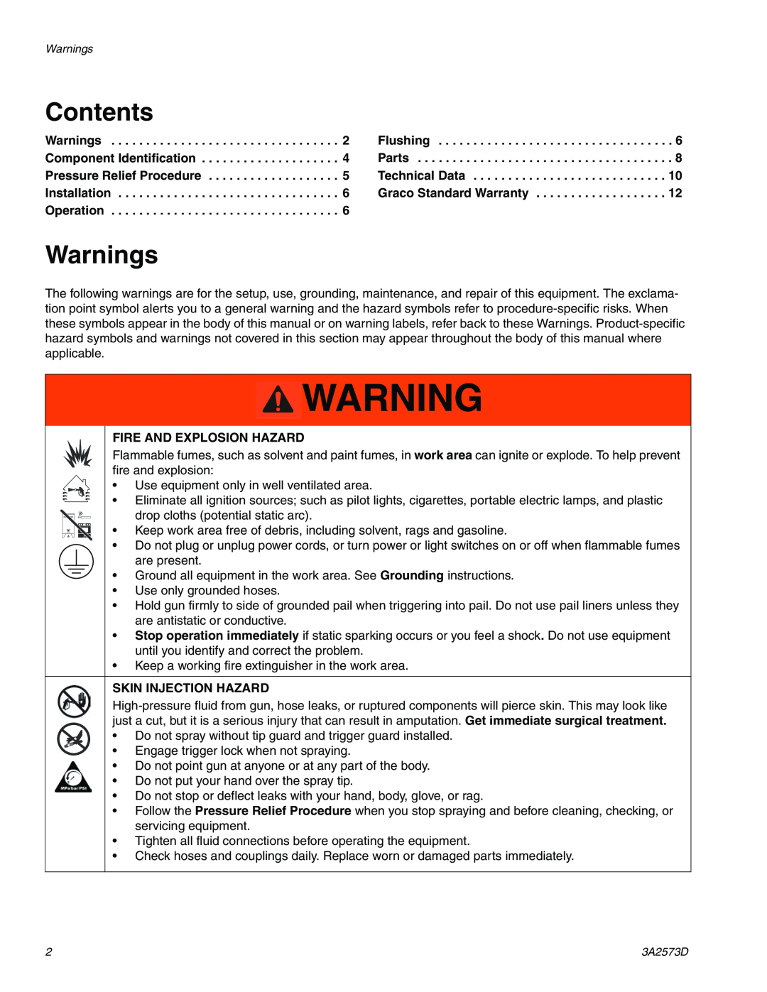 Graco 3A2573D important safety instructions Contents, Warnings, Fire And Explosion Hazard, Skin Injection Hazard 