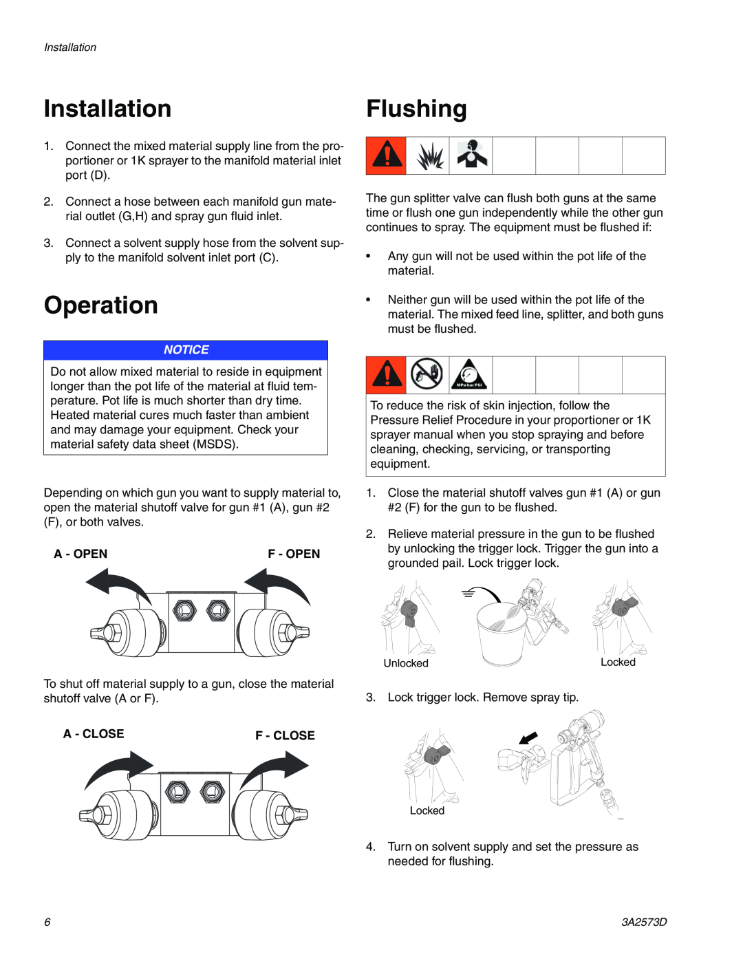 Graco 3A2573D important safety instructions InstallationFlushing, Operation, A - Open, F - Open, A - Closef - Close 