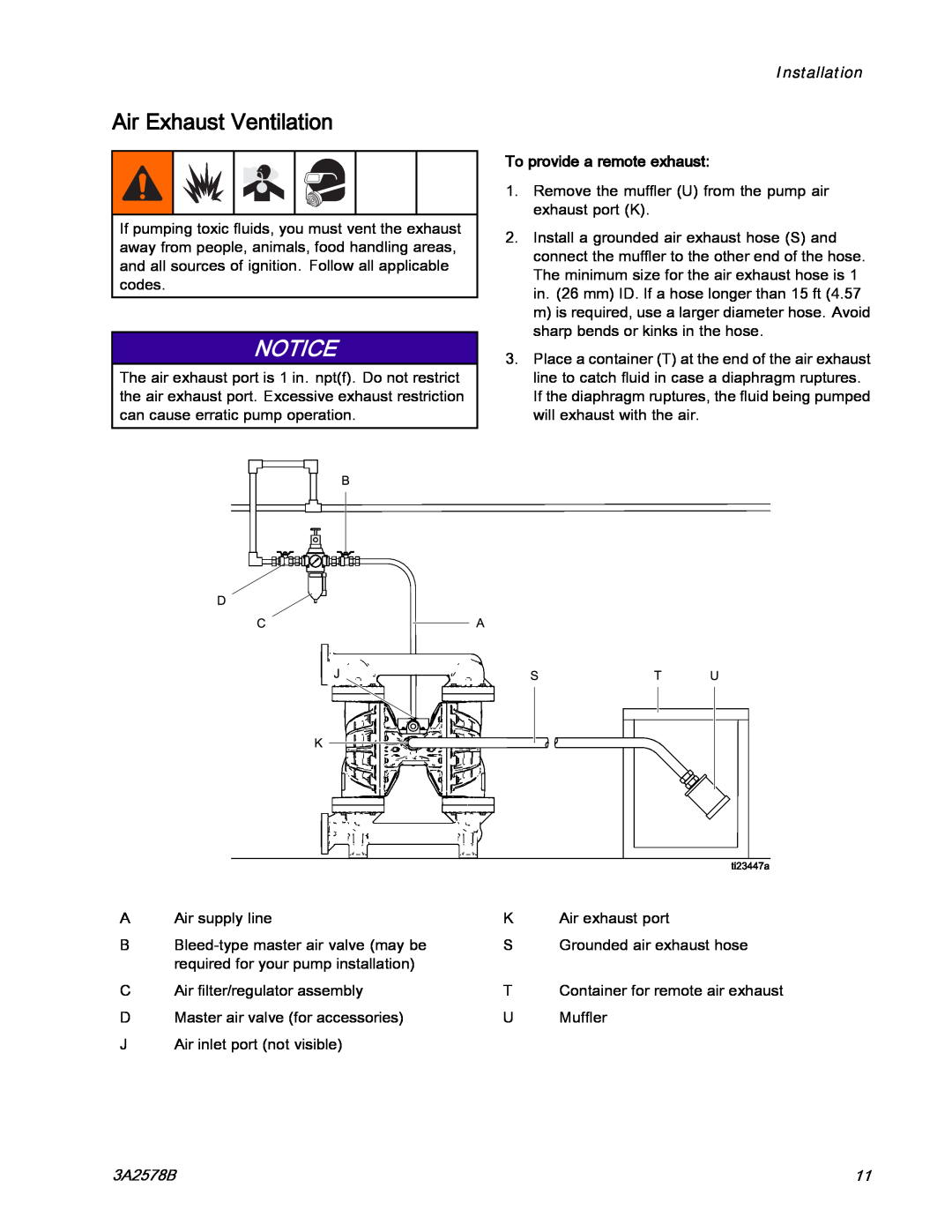 Graco 3A2578B important safety instructions Air Exhaust Ventilation, Notice, Installation, To provide a remote exhaust 