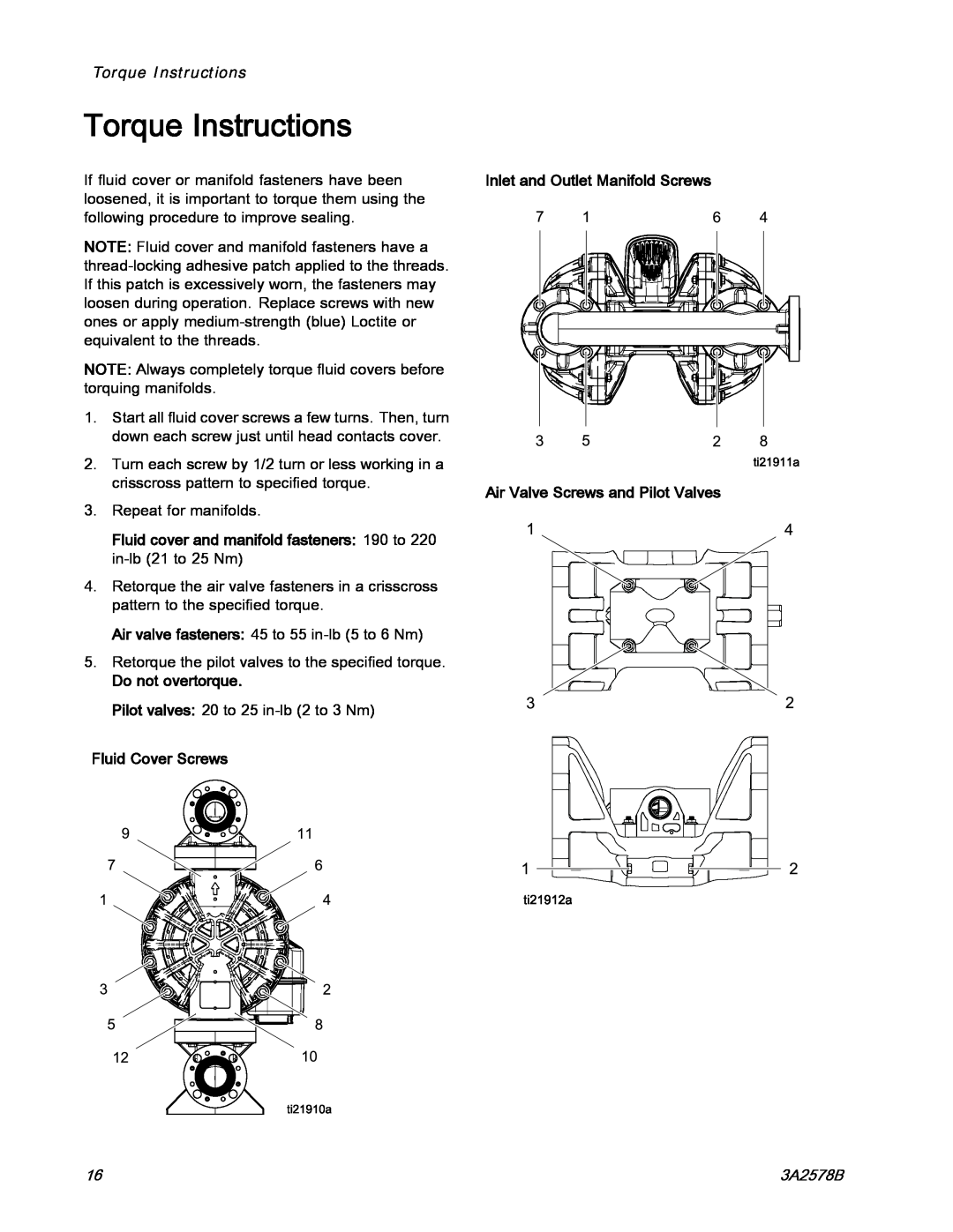 Graco 3A2578B Torque Instructions, Do not overtorque, Fluid Cover Screws, Inlet and Outlet Manifold Screws 