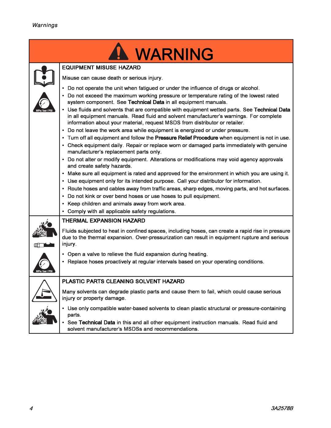 Graco 3A2578B Warnings, Equipment Misuse Hazard, Thermal Expansion Hazard, Plastic Parts Cleaning Solvent Hazard 