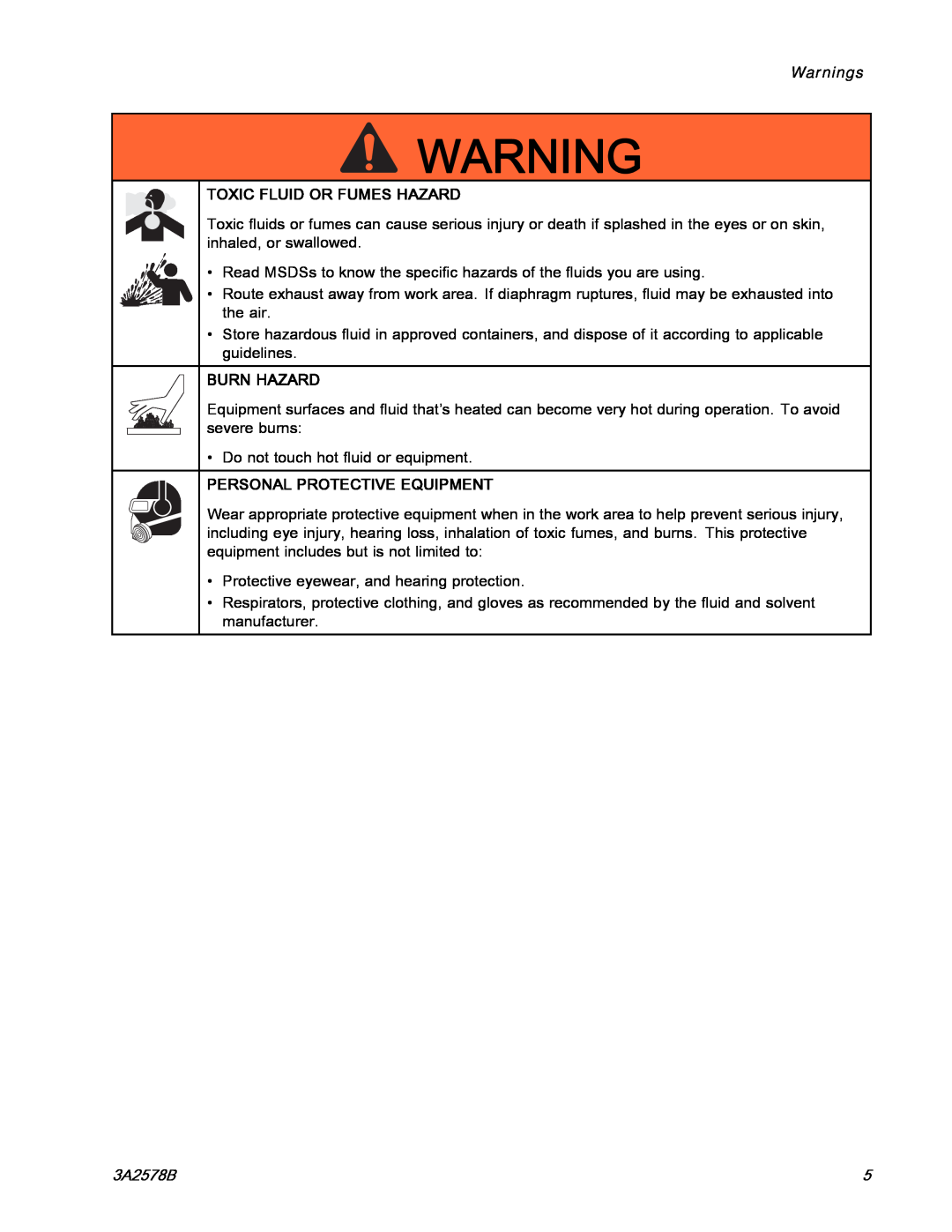 Graco 3A2578B Warnings, Toxic Fluid Or Fumes Hazard, Burn Hazard, Personal Protective Equipment 