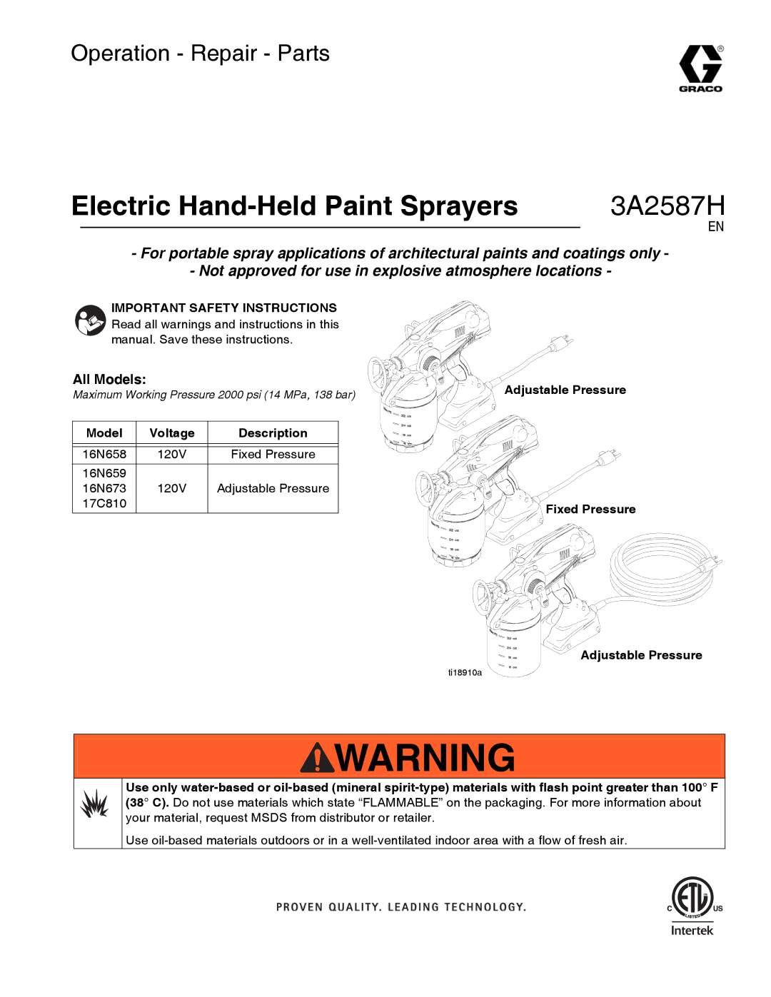 Graco 3A2587H important safety instructions Model Voltage Description, Adjustable Pressure Fixed Pressure 