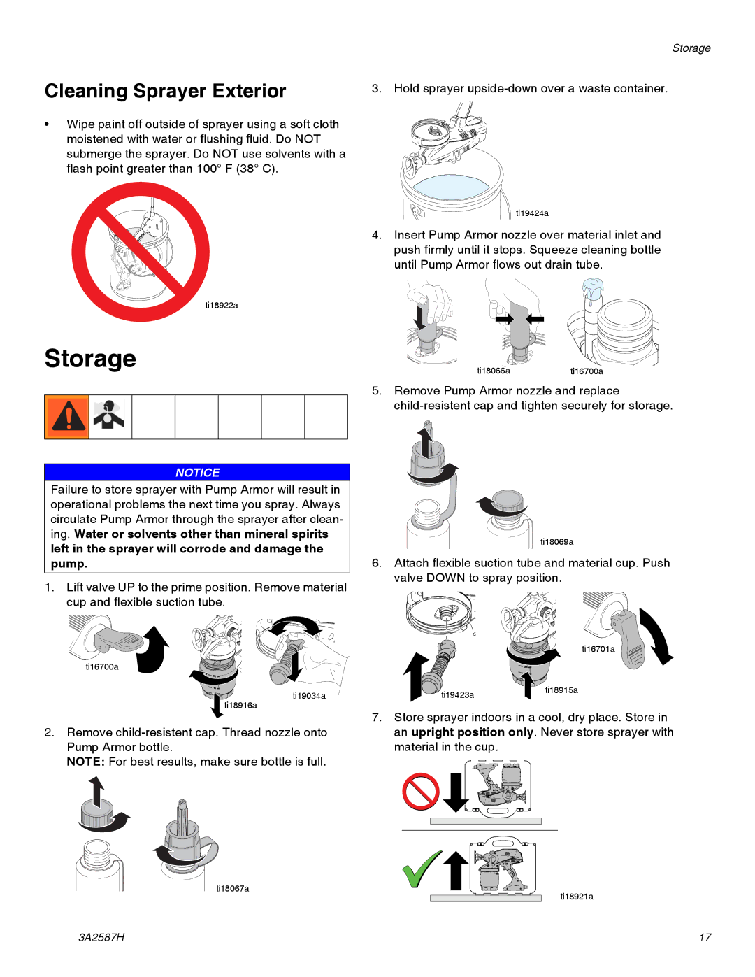 Graco 3A2587H important safety instructions Storage, Cleaning Sprayer Exterior 