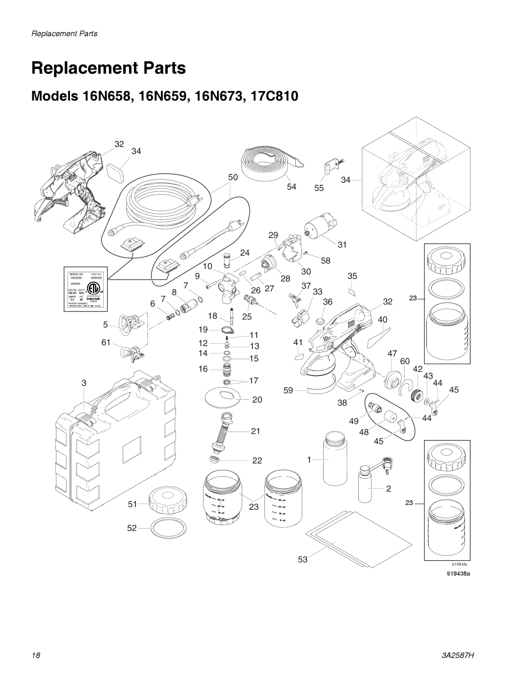 Graco 3A2587H important safety instructions Replacement Parts, Models 16N658, 16N659, 16N673, 17C810 