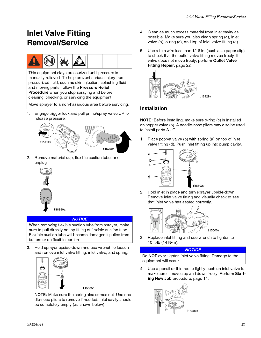 Graco 3A2587H important safety instructions Inlet Valve Fitting Removal/Service, Installation 