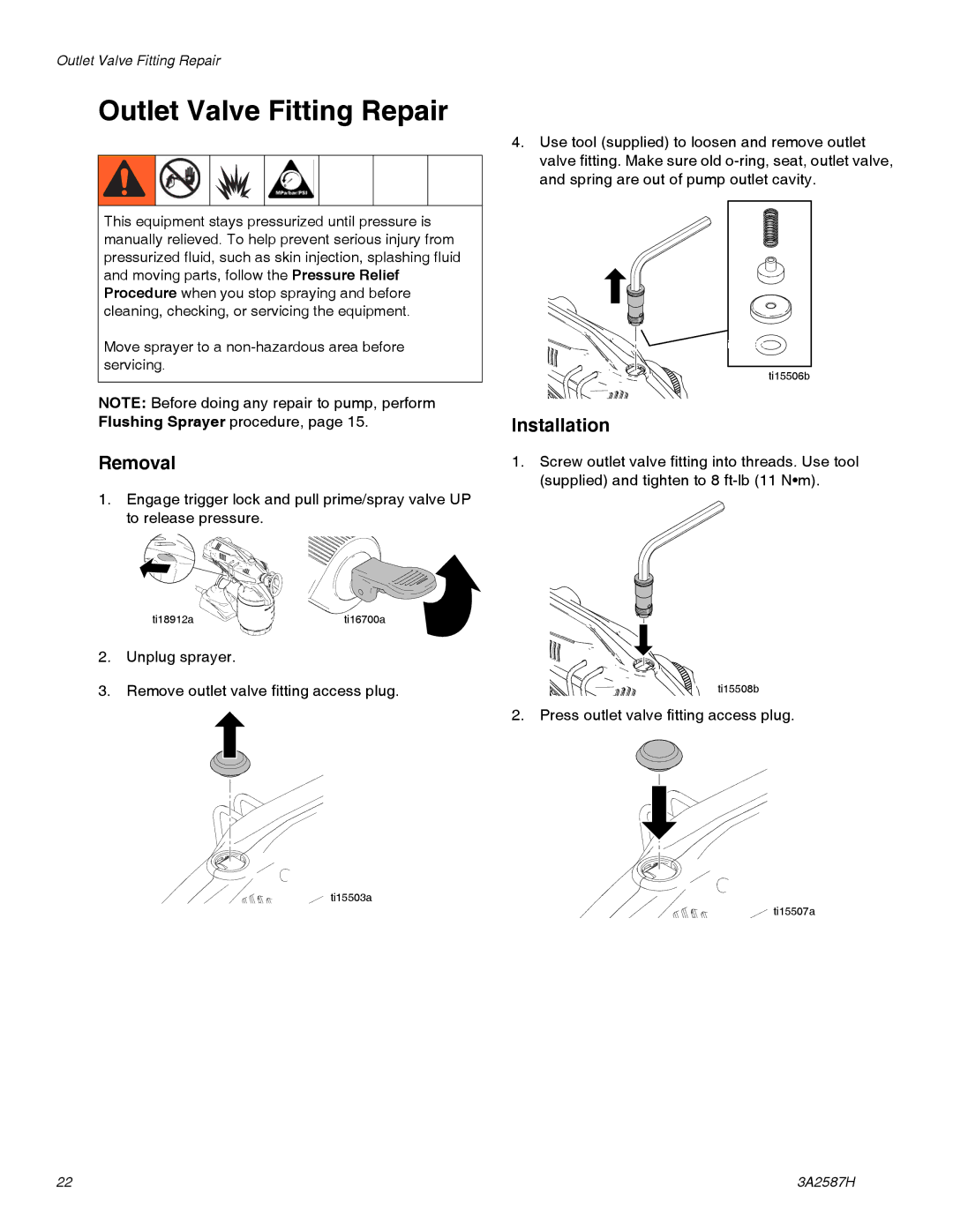 Graco 3A2587H important safety instructions Outlet Valve Fitting Repair, Removal 