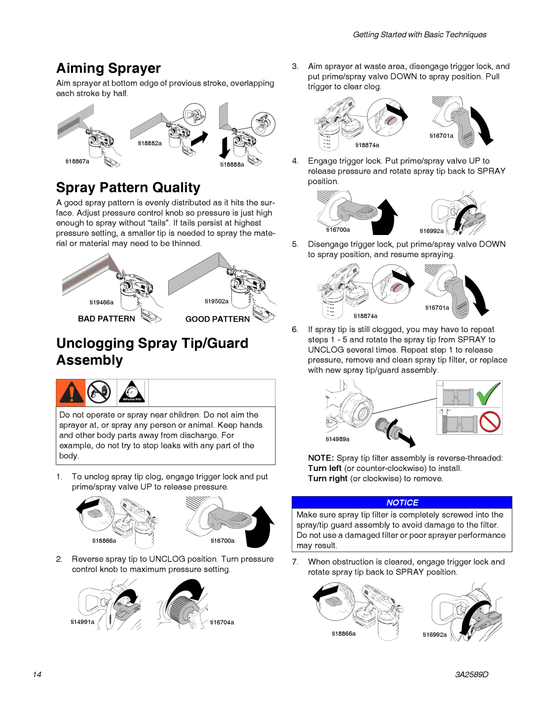 Graco 3A2589D important safety instructions Aiming Sprayer, Spray Pattern Quality, Unclogging Spray Tip/Guard Assembly 