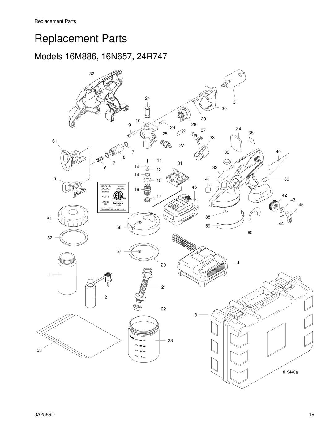 Graco 3A2589D important safety instructions Replacement Parts, Models 16M886, 16N657, 24R747 