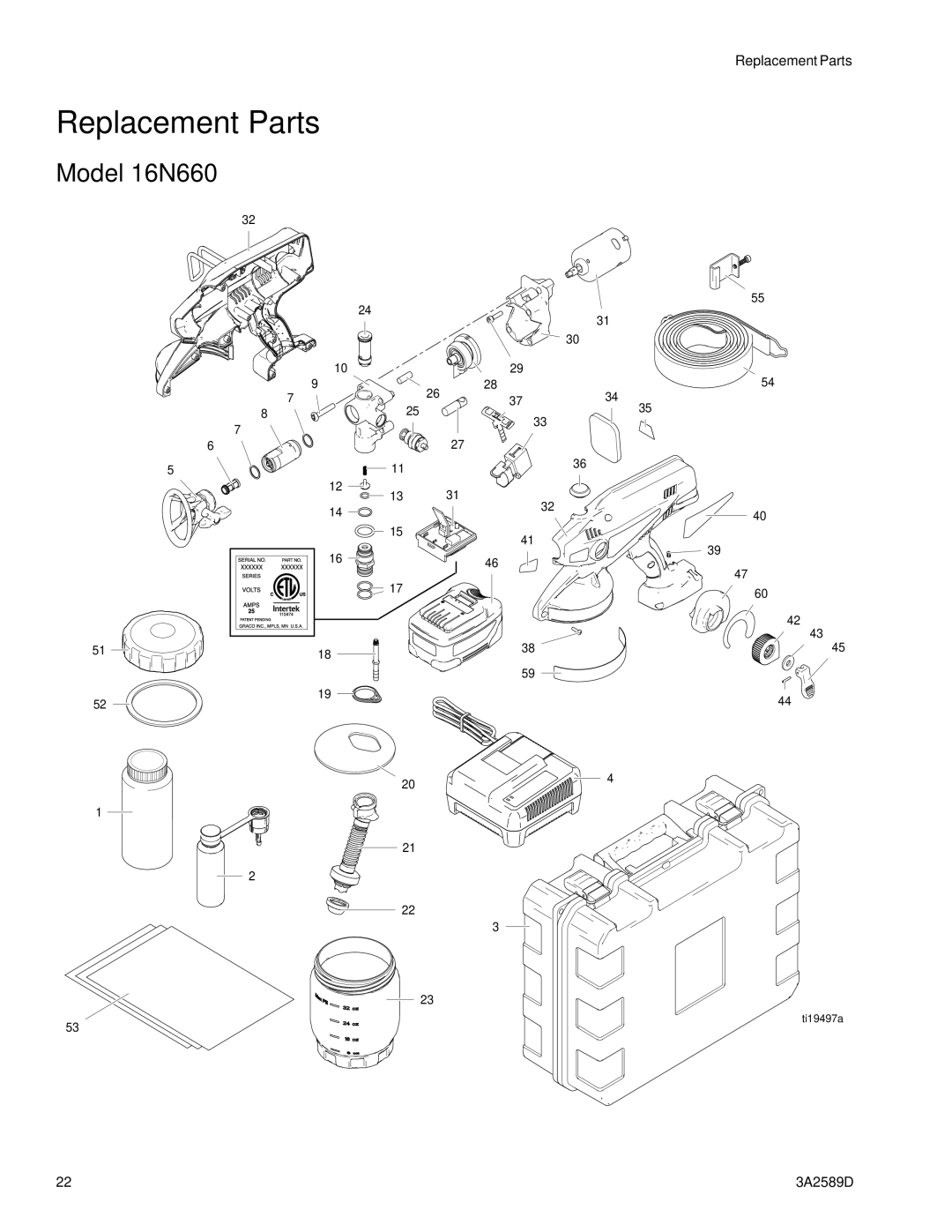 Graco 3A2589D important safety instructions Replacement Parts, Model 16N660 