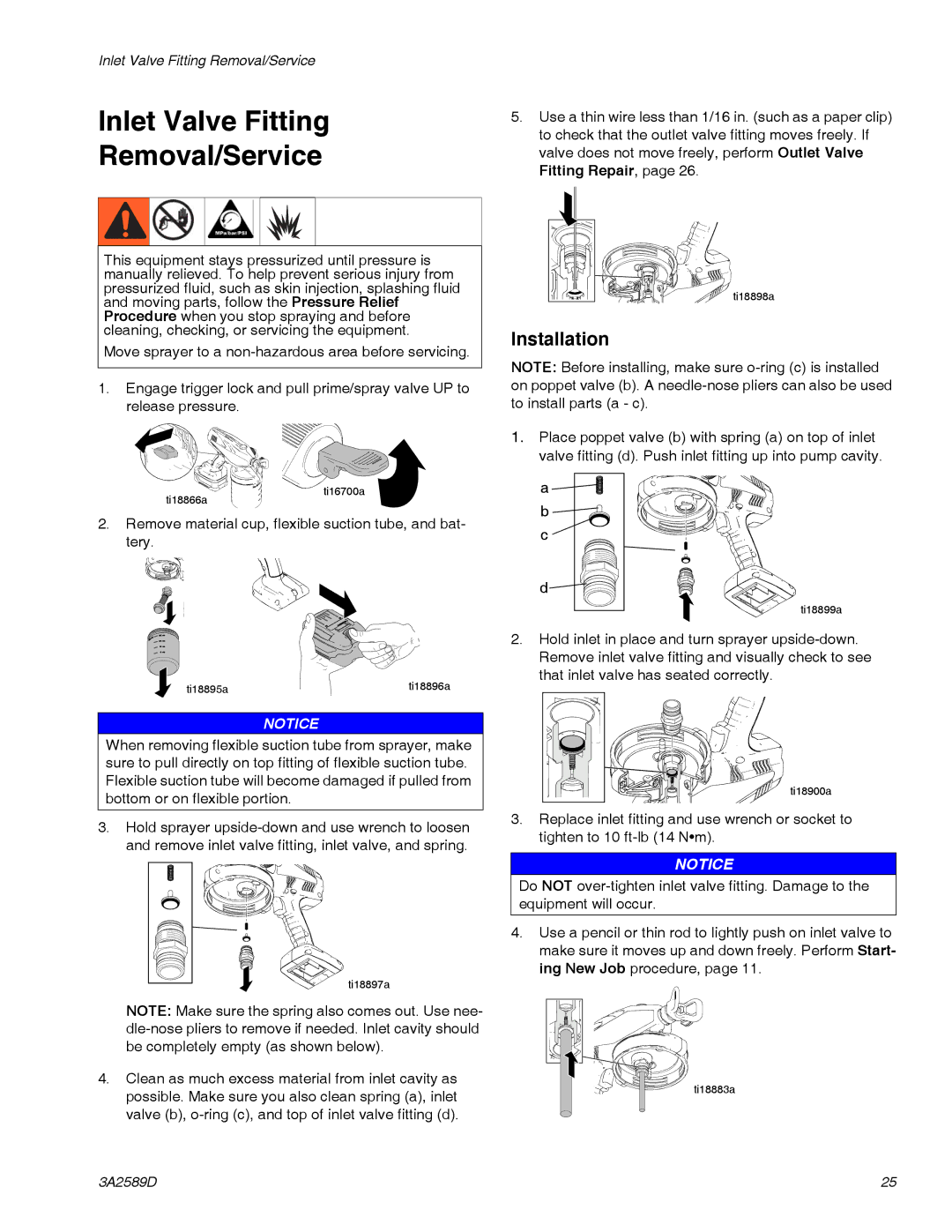 Graco 3A2589D important safety instructions Inlet Valve Fitting Removal/Service, Installation 