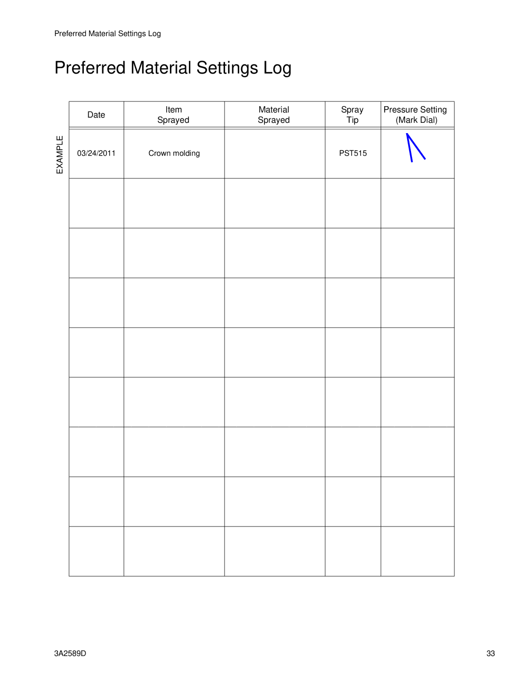 Graco 3A2589D Preferred Material Settings Log, Date Material Spray Pressure Setting Sprayed Tip Mark Dial 