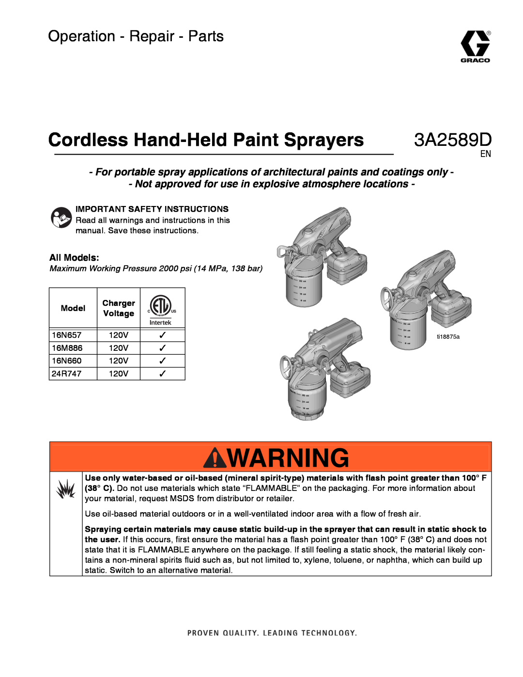 Graco 3A2589D important safety instructions Cordless Hand-Held Paint Sprayers, Operation - Repair - Parts, All Models 