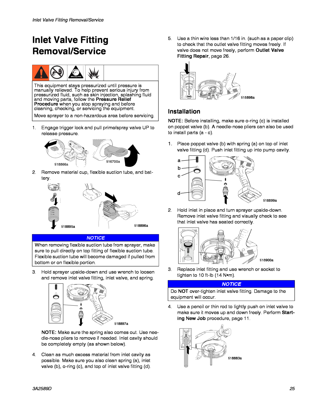 Graco 3A2589D important safety instructions Inlet Valve Fitting Removal/Service, Installation 
