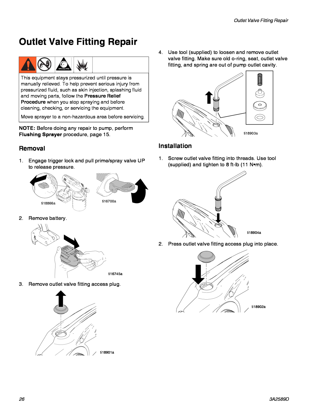 Graco 3A2589D important safety instructions Outlet Valve Fitting Repair, Removal, Installation 