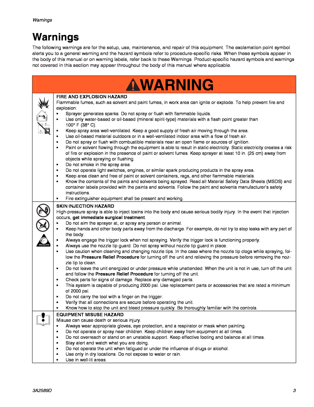 Graco 3A2589D Warnings, Fire And Explosion Hazard, Skin Injection Hazard, Equipment Misuse Hazard 