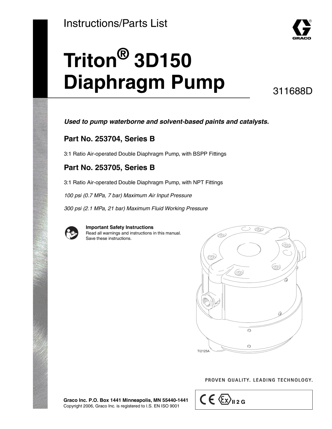 Graco important safety instructions Triton 3D150 Diaphragm Pump, II 2 G 