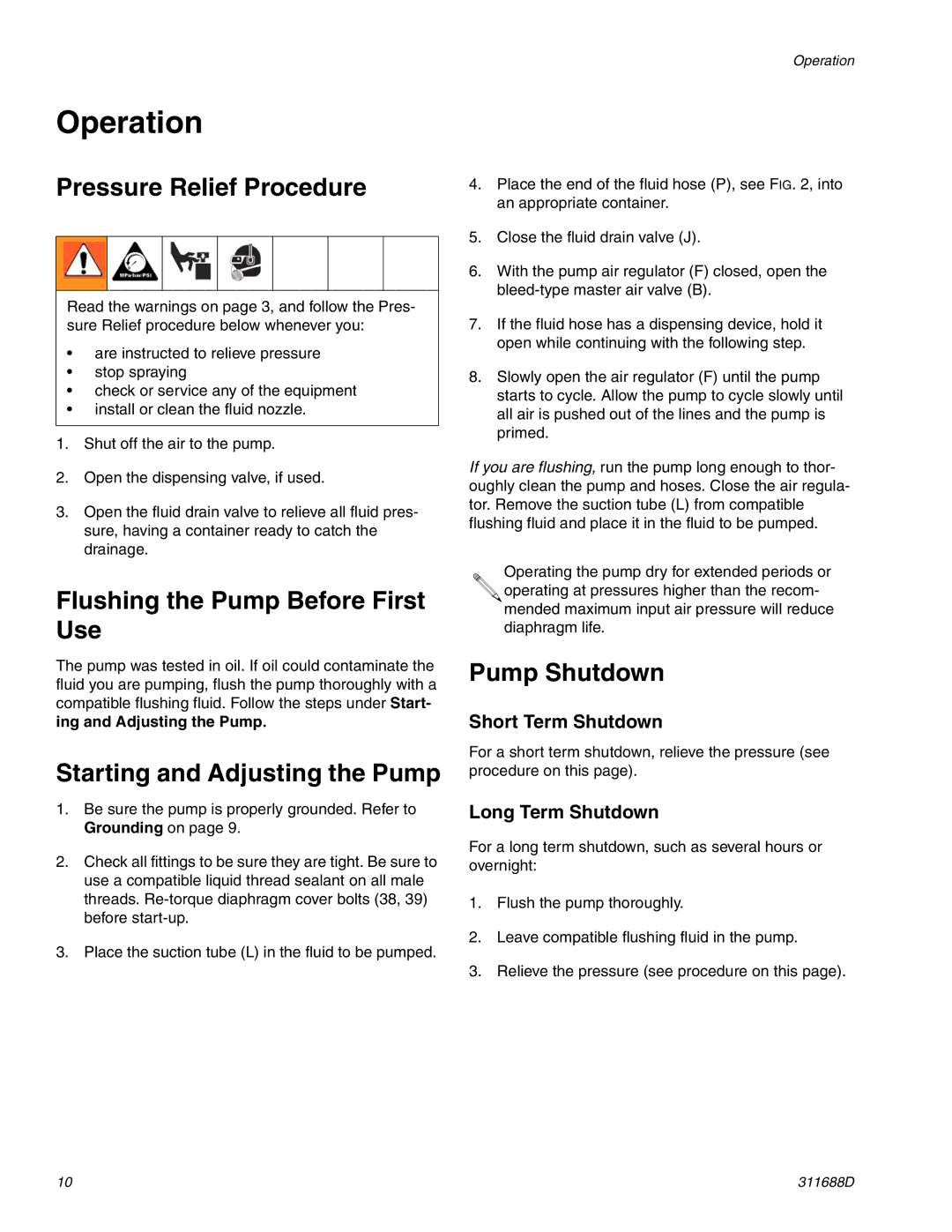 Graco 3D150 Operation, Pressure Relief Procedure, Flushing the Pump Before First Use, Starting and Adjusting the Pump 