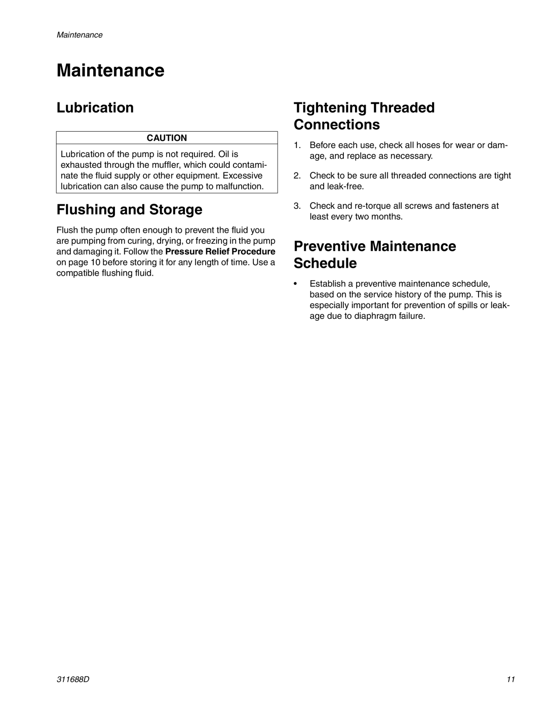 Graco 3D150 important safety instructions Maintenance, Lubrication, Flushing and Storage, Tightening Threaded Connections 