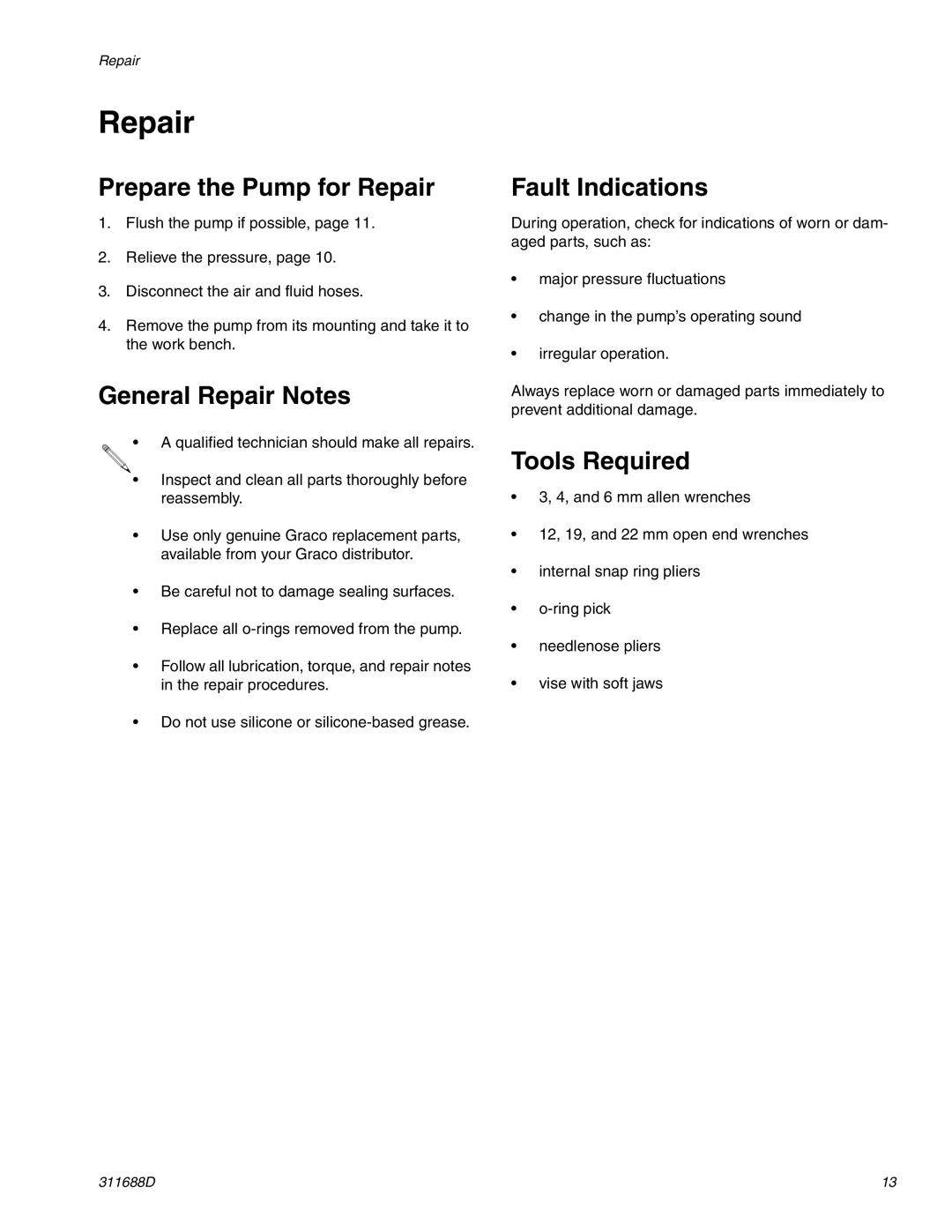 Graco 3D150 Prepare the Pump for Repair, General Repair Notes, Fault Indications, Tools Required 