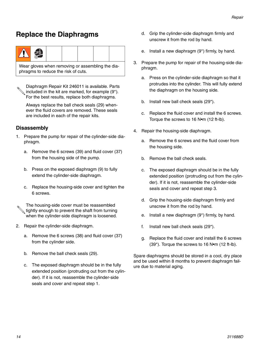 Graco 3D150 important safety instructions Replace the Diaphragms, Disassembly 