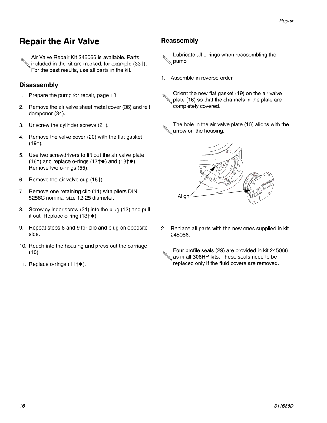 Graco 3D150 important safety instructions Repair the Air Valve, Reassembly 