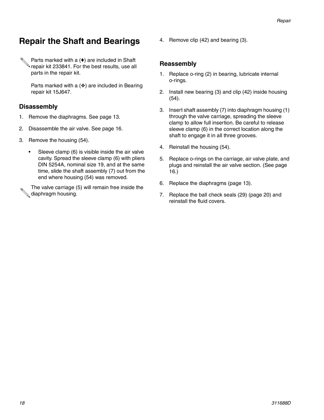 Graco 3D150 important safety instructions Repair the Shaft and Bearings 