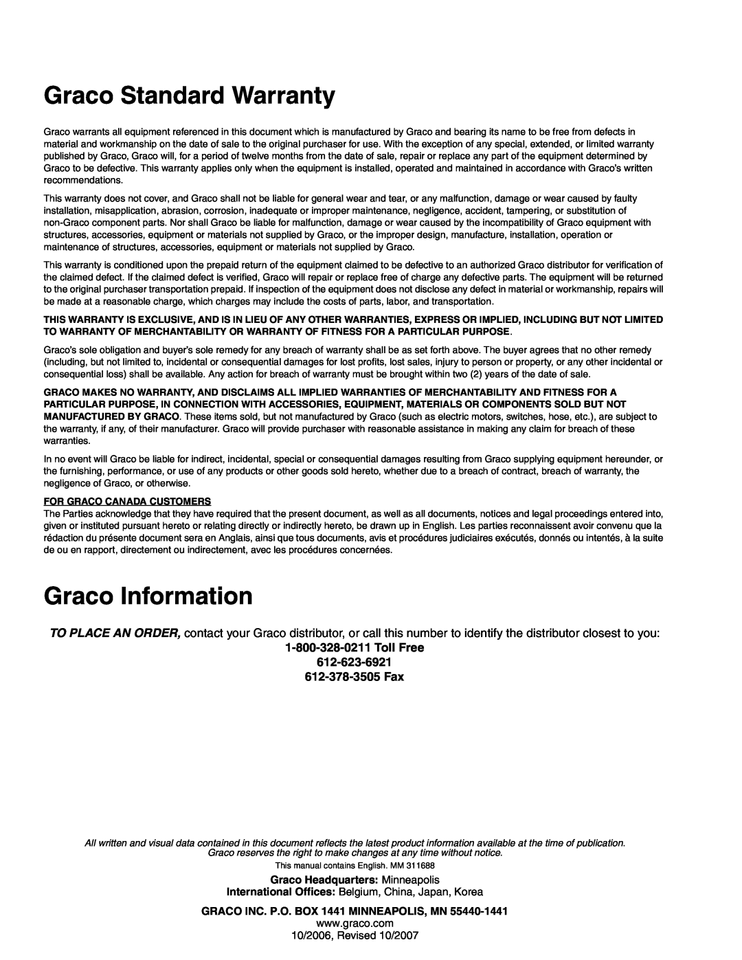 Graco 3D150 important safety instructions Graco Standard Warranty, Graco Information, Graco Headquarters Minneapolis 