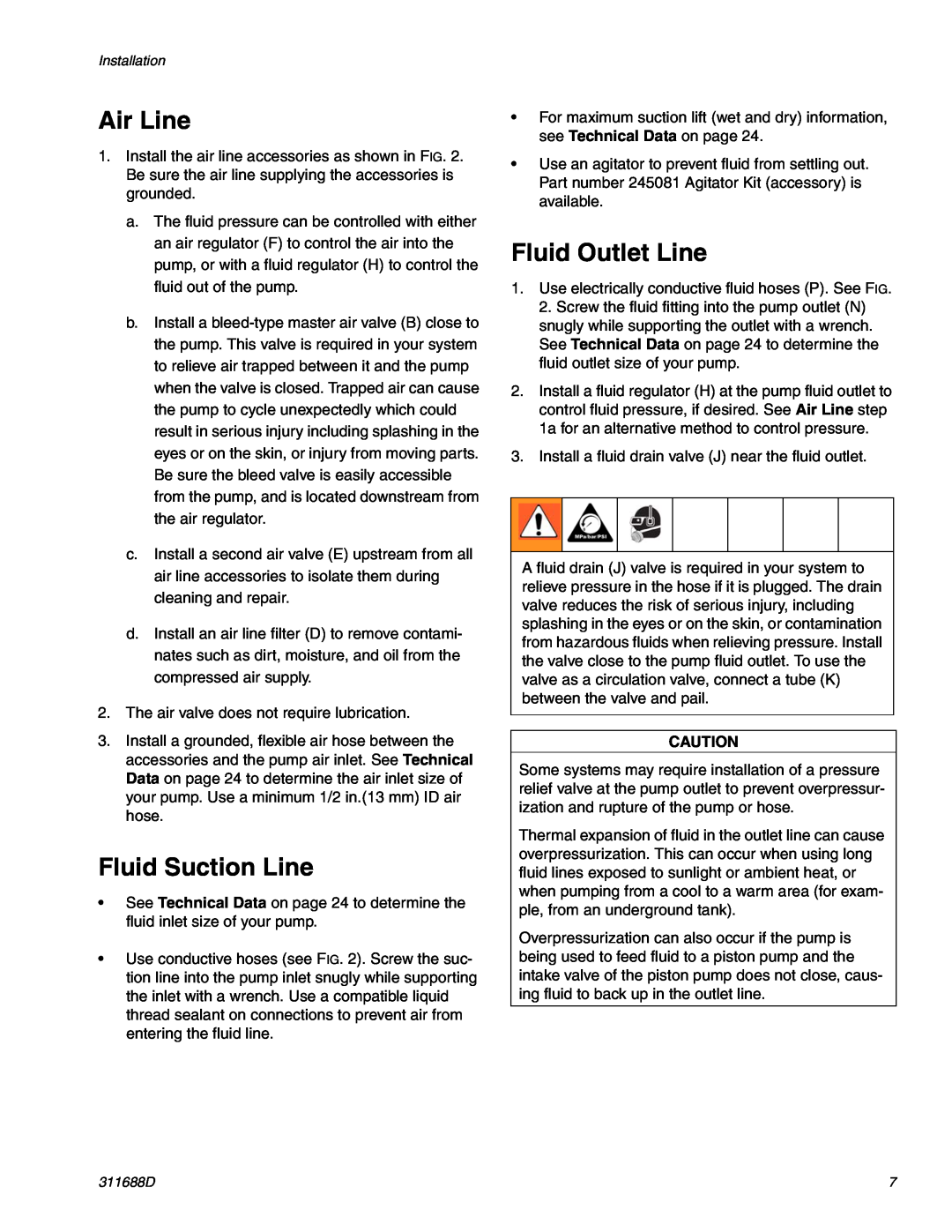 Graco 3D150 important safety instructions Air Line, Fluid Suction Line, Fluid Outlet Line 