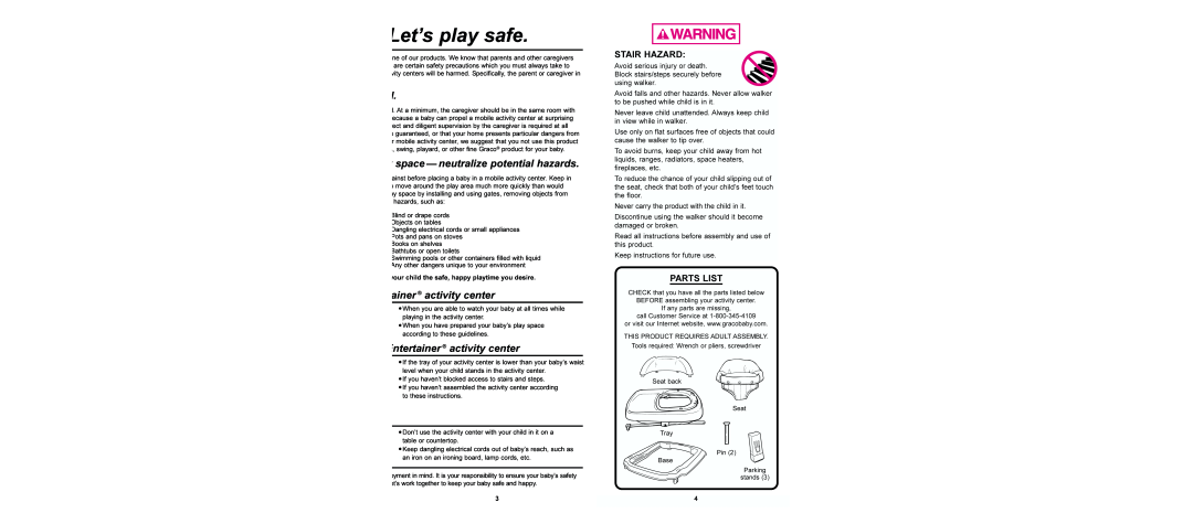 Graco 4033 Let’s play safe, space - neutralize potential hazards, ntertainer activity center, Stair Hazard, Parts List 