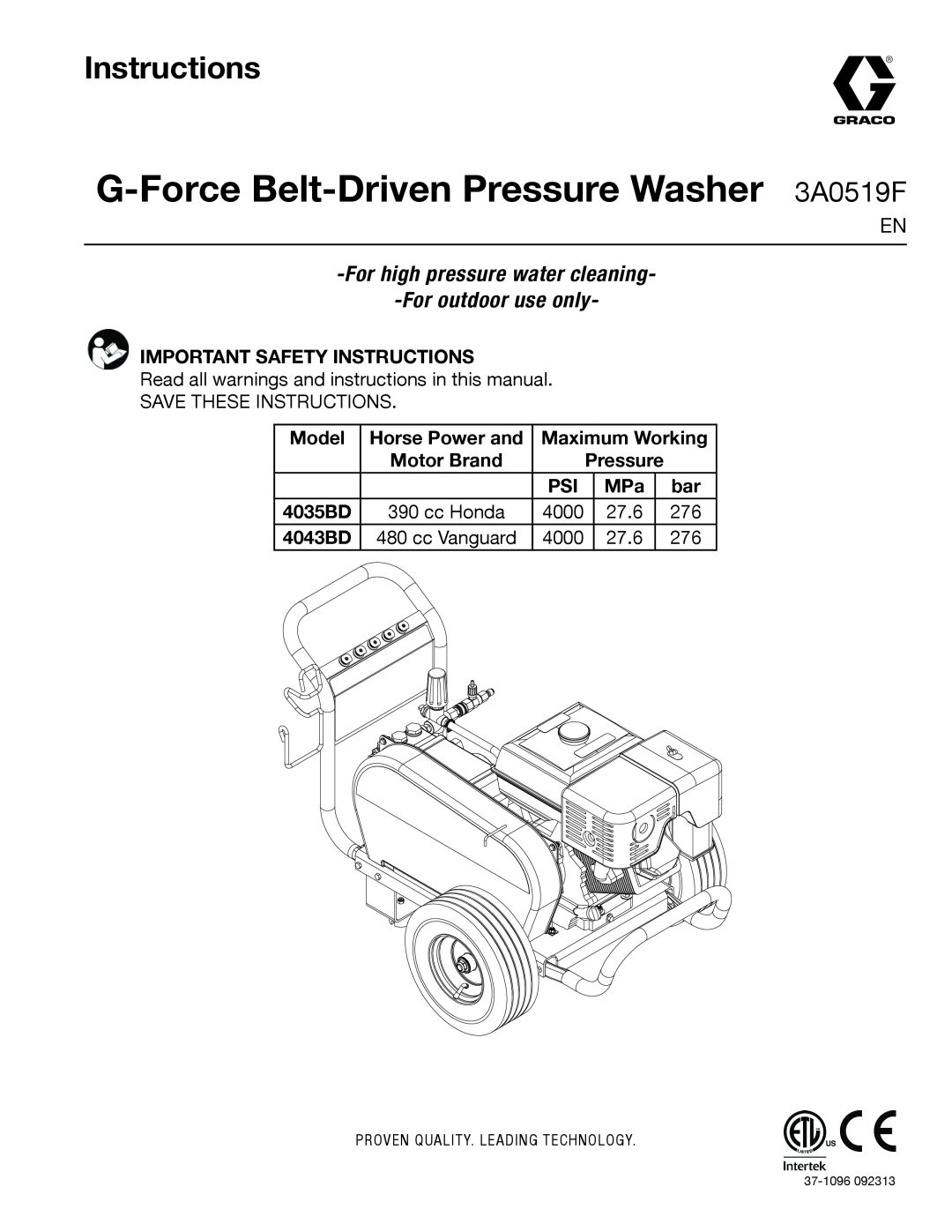 Graco 4035BD, 4043BD important safety instructions G-Force Belt-Driven Pressure Washer 3A0519F, Instructions 