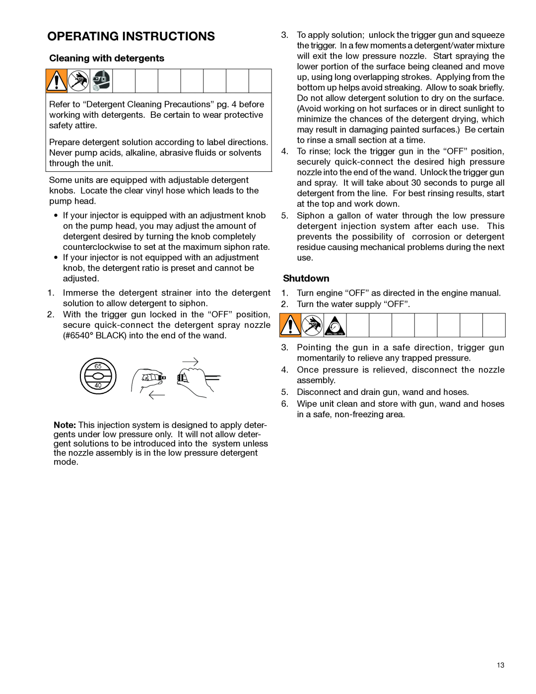 Graco 4035BD, 4043BD important safety instructions Operating Instructions, Cleaning with detergents, Shutdown 