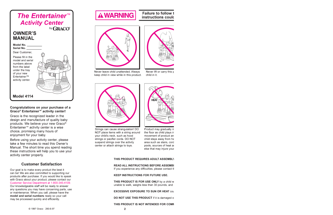 Graco 4114 manual Model, Customer Satisfaction, This Product Requires Adult Assembly, Keep Instructions for Future USE 